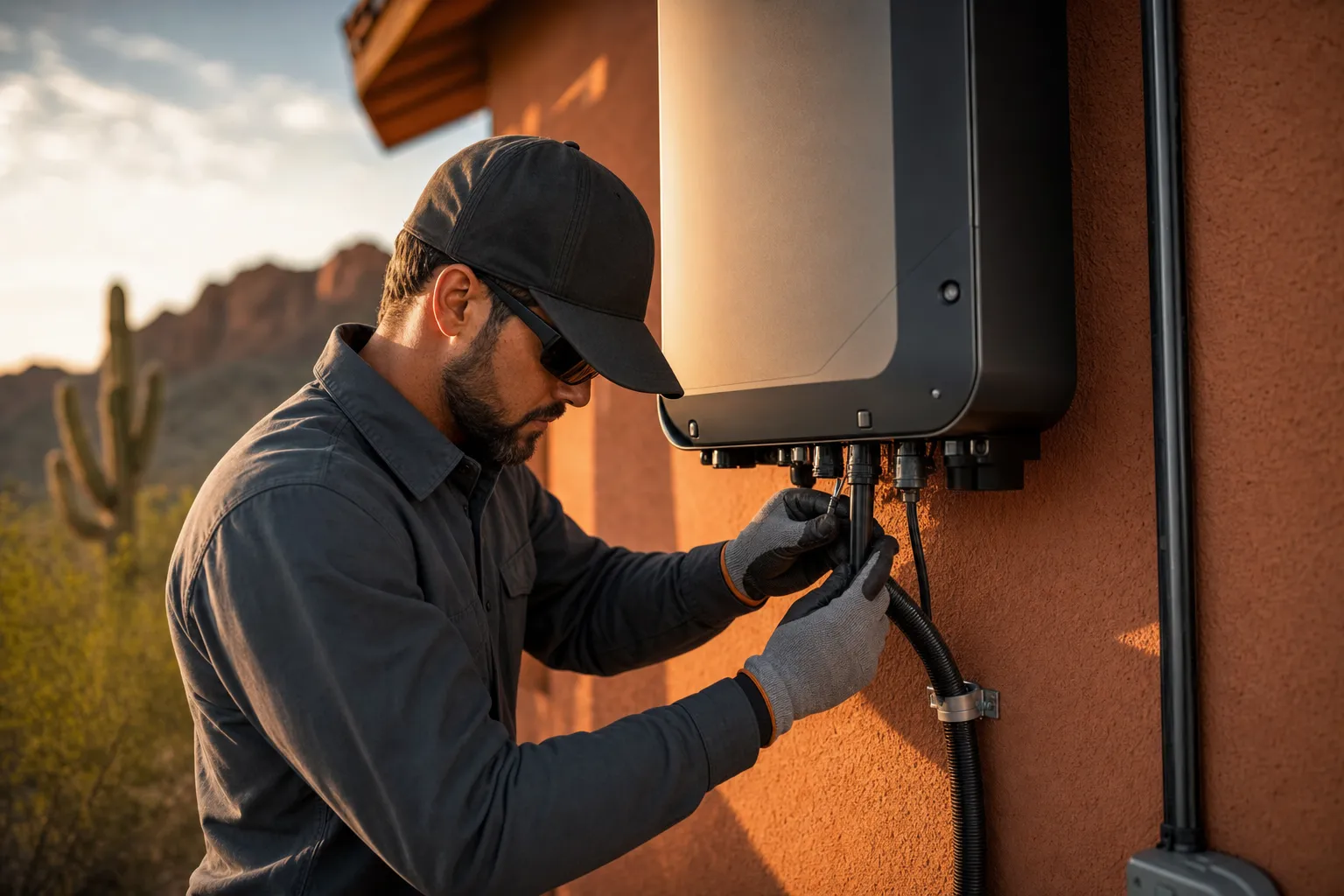 A technician wiring conduit into a string inverter mounted on a stucco exterior wall.