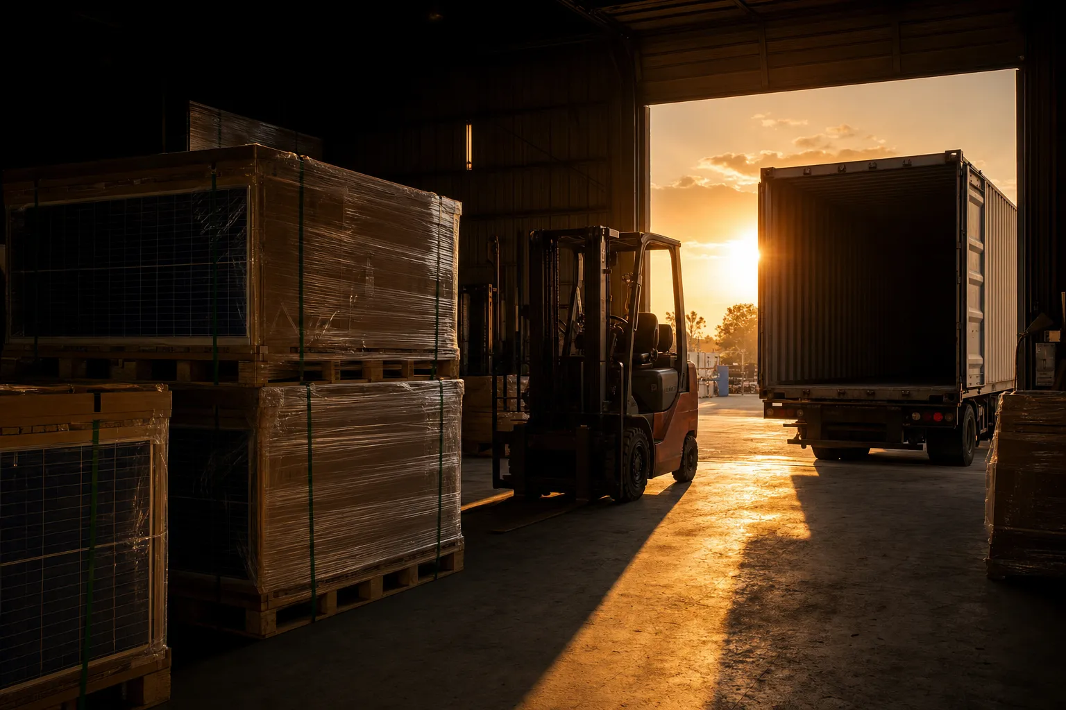 Warehouse dock at golden hour with pallets of packaged solar modules, a forklift and an open shipping container.